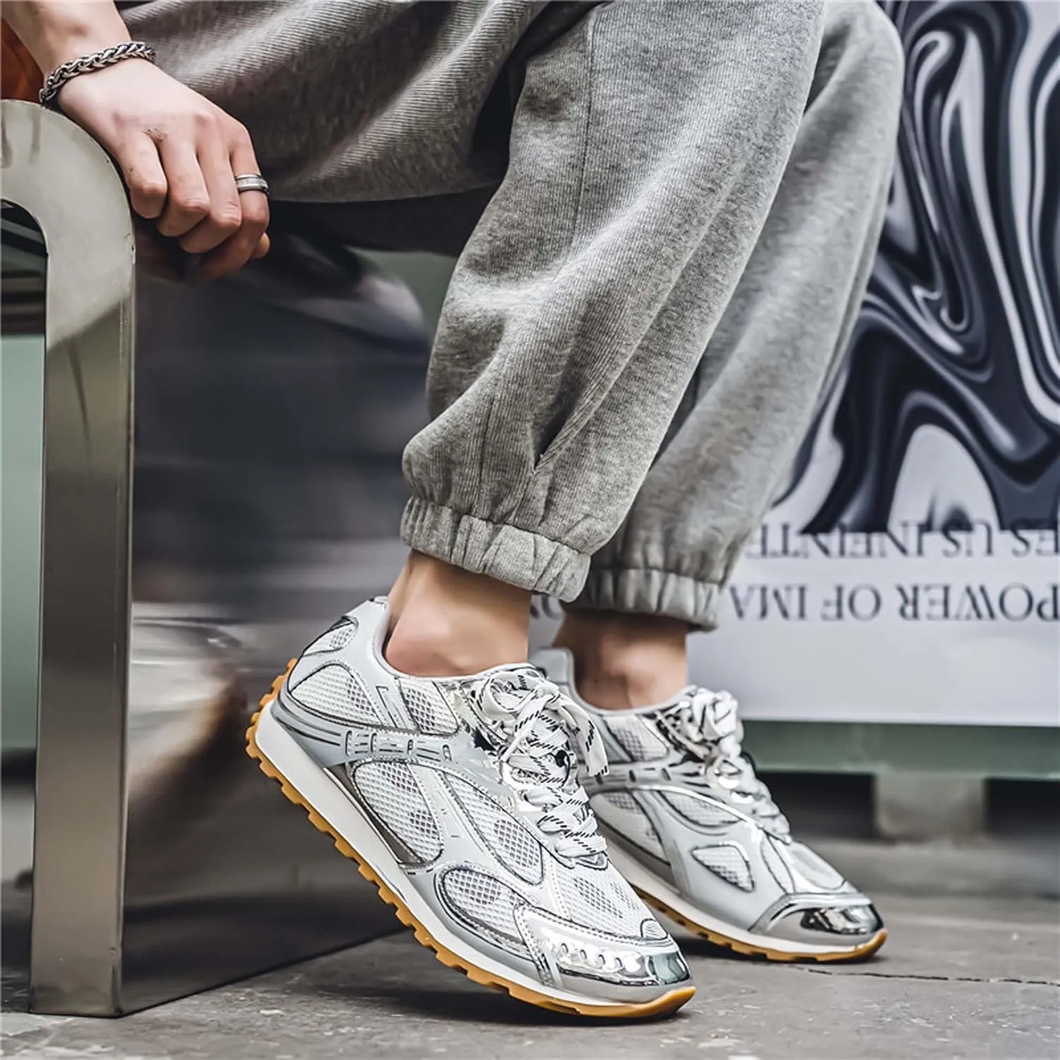 Men's Breathable Running Shoes Anti Slip Fitness Casual Sports Basketball Tennis Fashionable Cross Training Shoes Silver