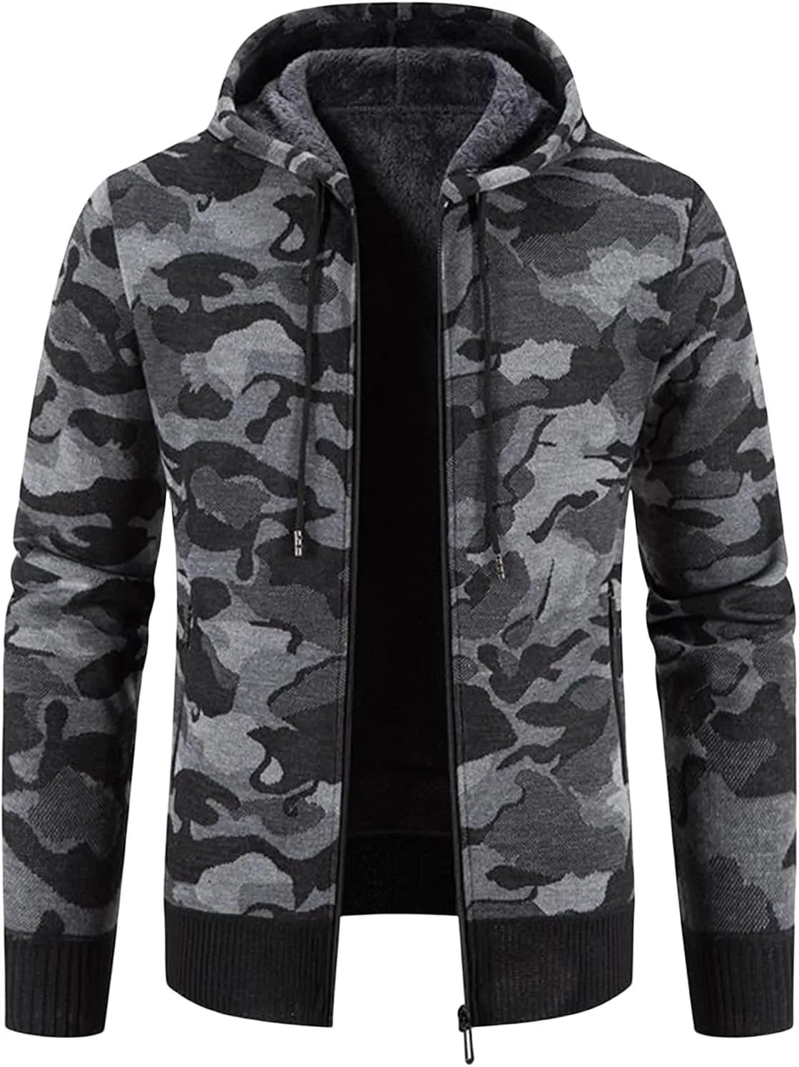 Men's Camo Full Zip Hoodies Athletic Soft Sherpa Lined Fleece Hooded Sweater Jackets Long Sleeve Sweatshirt Coats