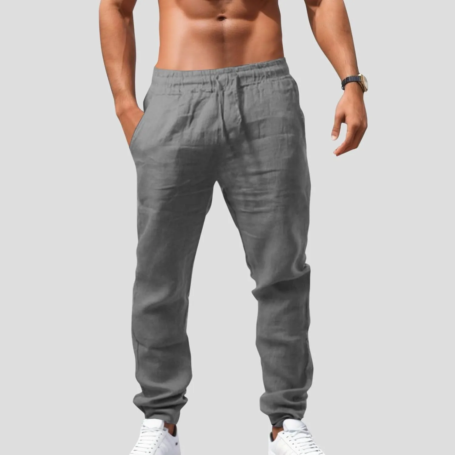 Men's Casual Cotton Linen Pants Hiking Joggers Elastic Waist Loose Fit Trousers Lightweight Yoga Beach Pants