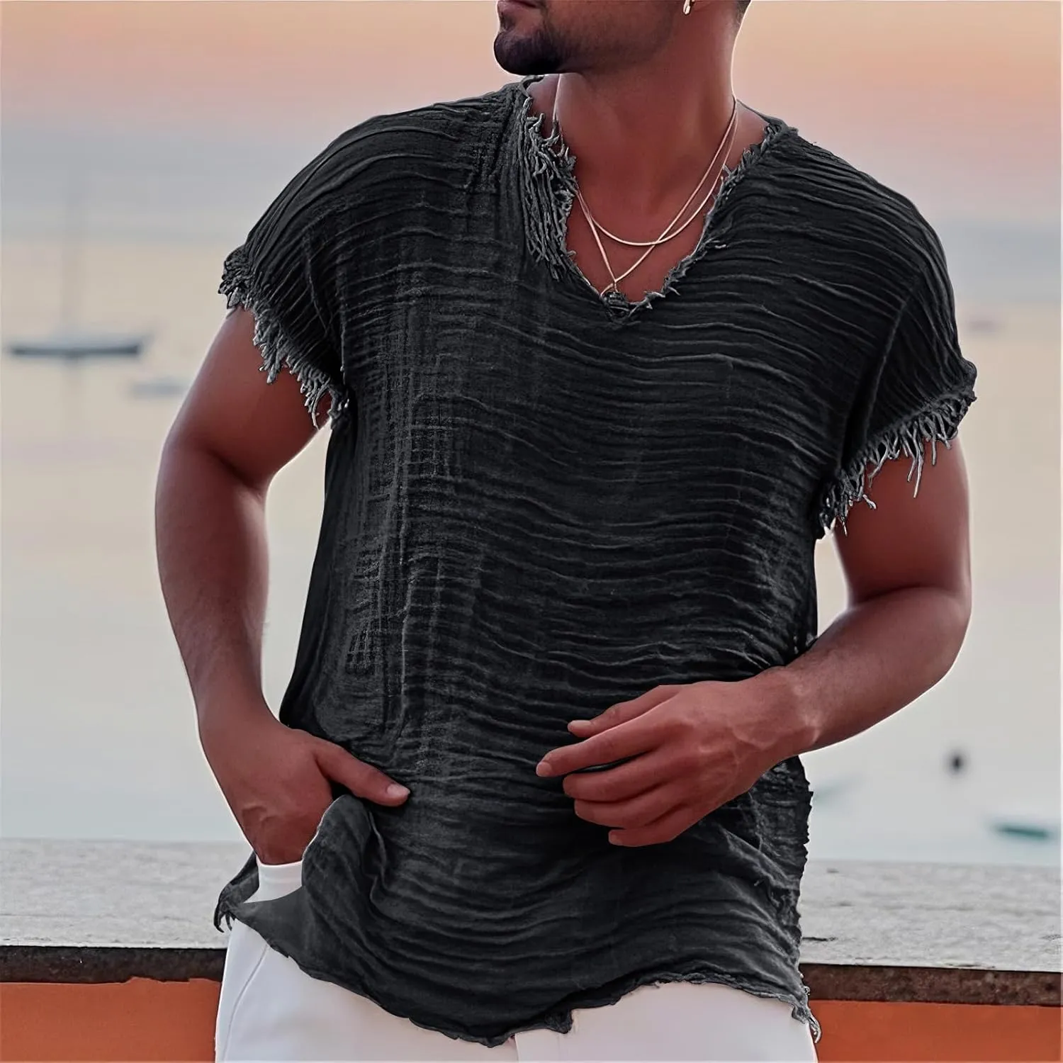 Men's Casual Linen T Shirts V Neck Short Sleeve Washed Shirts Frayed Raw Edges Tops Summer Beach Vacation Yoga Tops