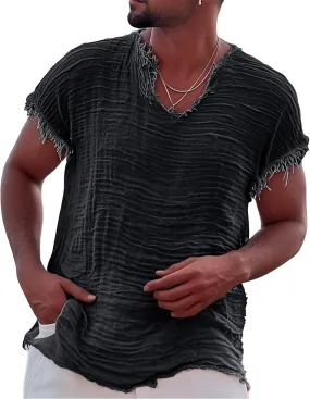 Men's Casual Linen T Shirts V Neck Short Sleeve Washed Shirts Frayed Raw Edges Tops Summer Beach Vacation Yoga Tops