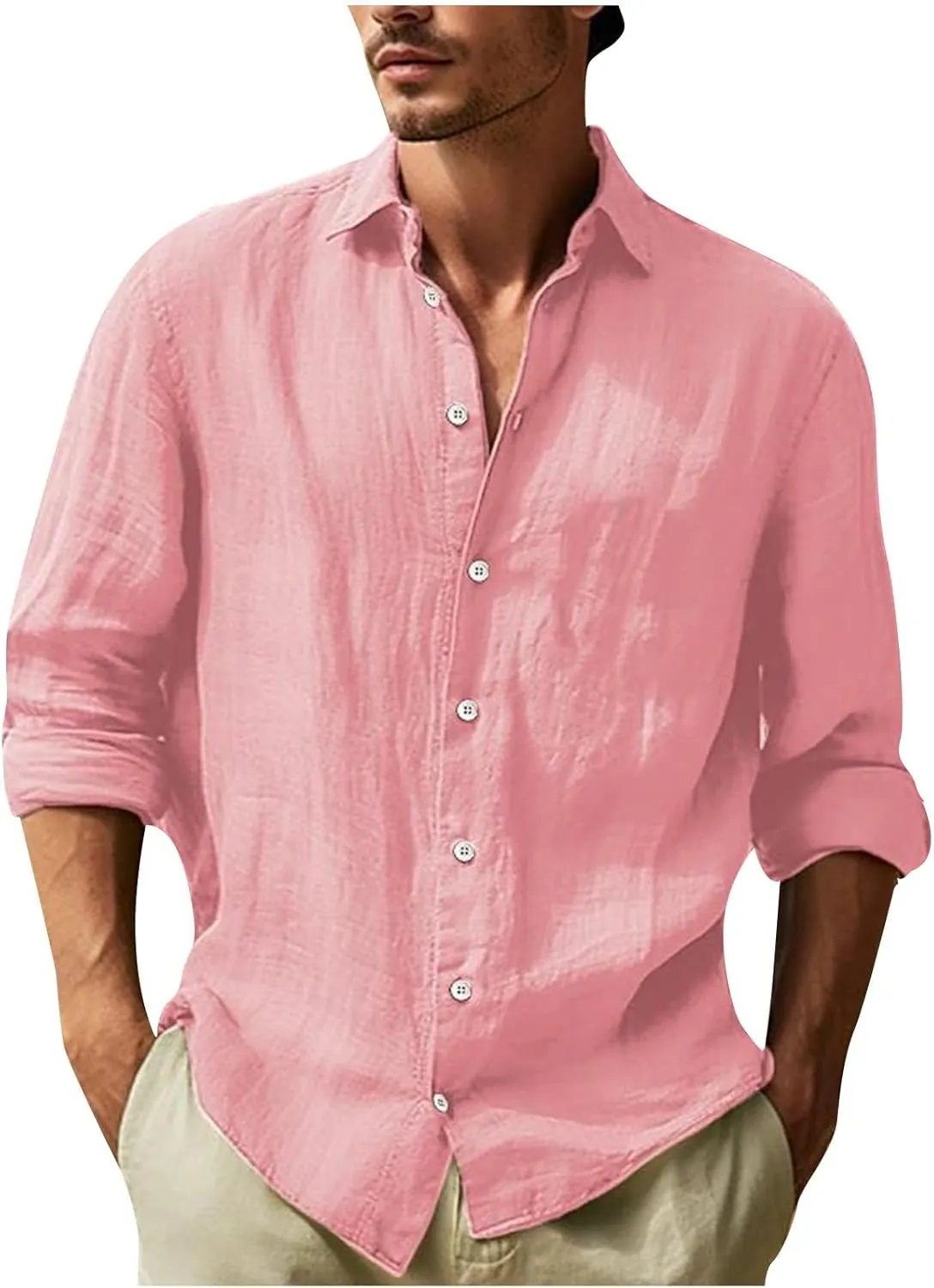 Mens Casual Long Sleeve Cotton Linen Shirts Summer Yoga Tops Regular Fit Plain Holiday Beach Party Button Down Shirts