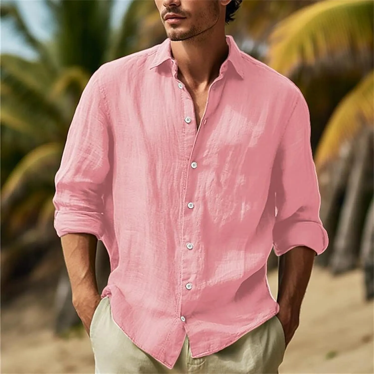 Mens Casual Long Sleeve Cotton Linen Shirts Summer Yoga Tops Regular Fit Plain Holiday Beach Party Button Down Shirts
