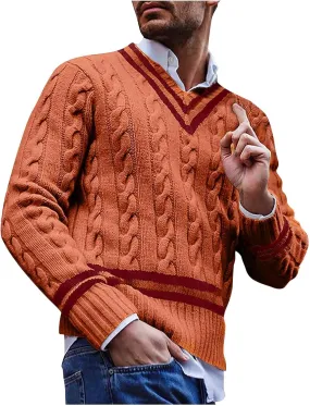 Mens Casual V Neck Contrast Stripes Cable Knit Pullover Sweater Tops Fashion Long Sleeve Comfort Soft Jumper Sweaters
