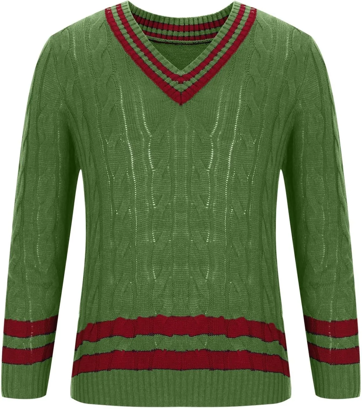 Mens Casual V Neck Contrast Stripes Cable Knit Pullover Sweater Tops Fashion Long Sleeve Comfort Soft Jumper Sweaters