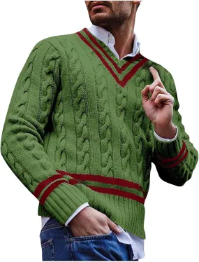 Mens Casual V Neck Contrast Stripes Cable Knit Pullover Sweater Tops Fashion Long Sleeve Comfort Soft Jumper Sweaters