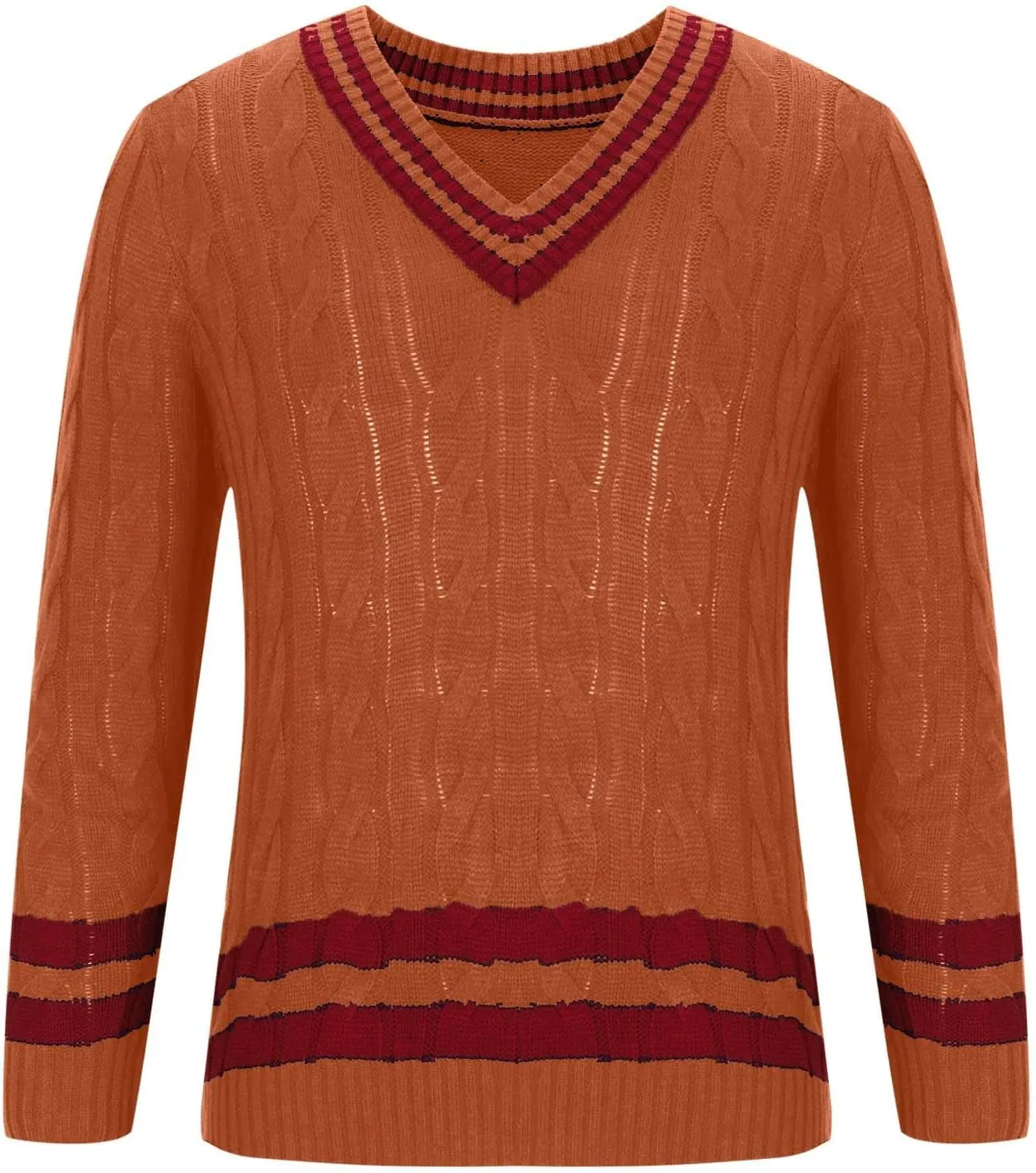 Mens Casual V Neck Contrast Stripes Cable Knit Pullover Sweater Tops Fashion Long Sleeve Comfort Soft Jumper Sweaters