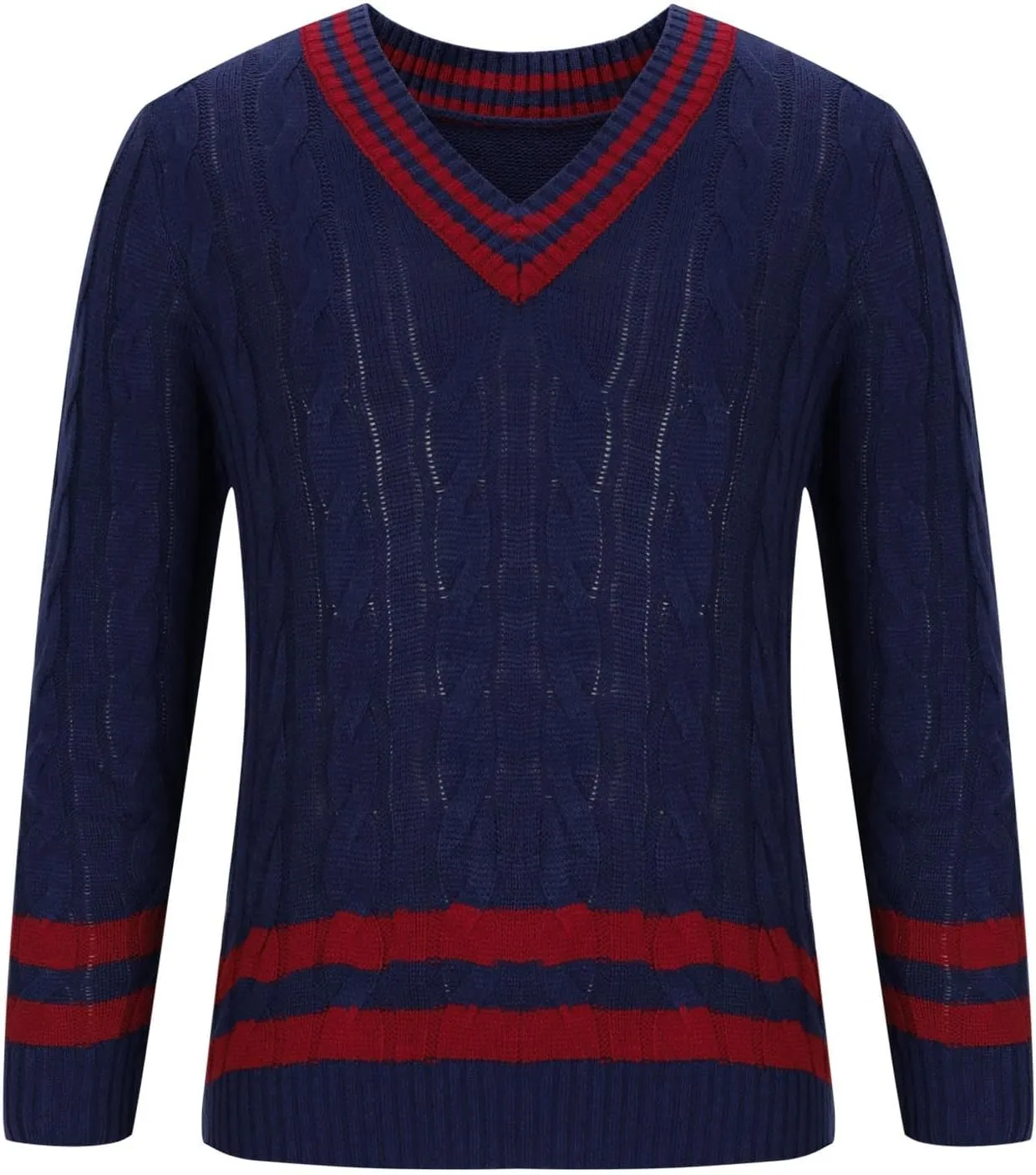Mens Casual V Neck Contrast Stripes Cable Knit Pullover Sweater Tops Fashion Long Sleeve Comfort Soft Jumper Sweaters