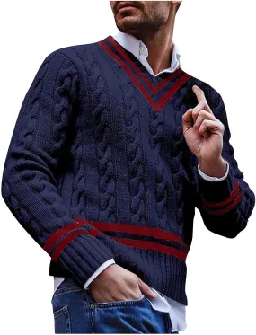 Mens Casual V Neck Contrast Stripes Cable Knit Pullover Sweater Tops Fashion Long Sleeve Comfort Soft Jumper Sweaters