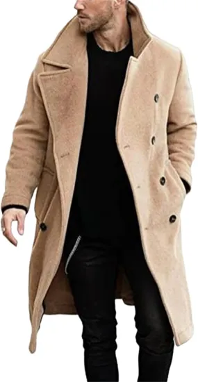 Mens Classic Mid-Length Double Breasted Peacoat Wool Blend Quilted Lined Notched Collar Overcoat Trench Coat Fall Winter