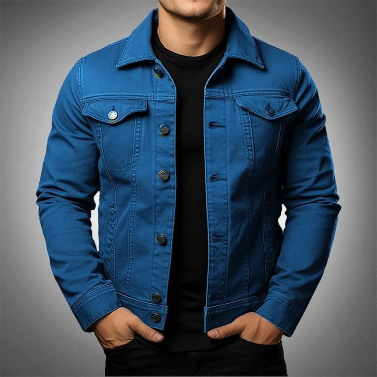 Men's Denim Jackets Casual Slim Fit Classic Jean Coats Lapel Button Long Sleeve Trucker Jean Coat with Pockets
