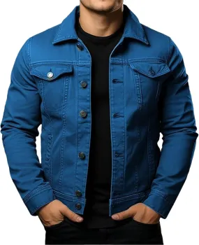 Men's Denim Jackets Casual Slim Fit Classic Jean Coats Lapel Button Long Sleeve Trucker Jean Coat with Pockets