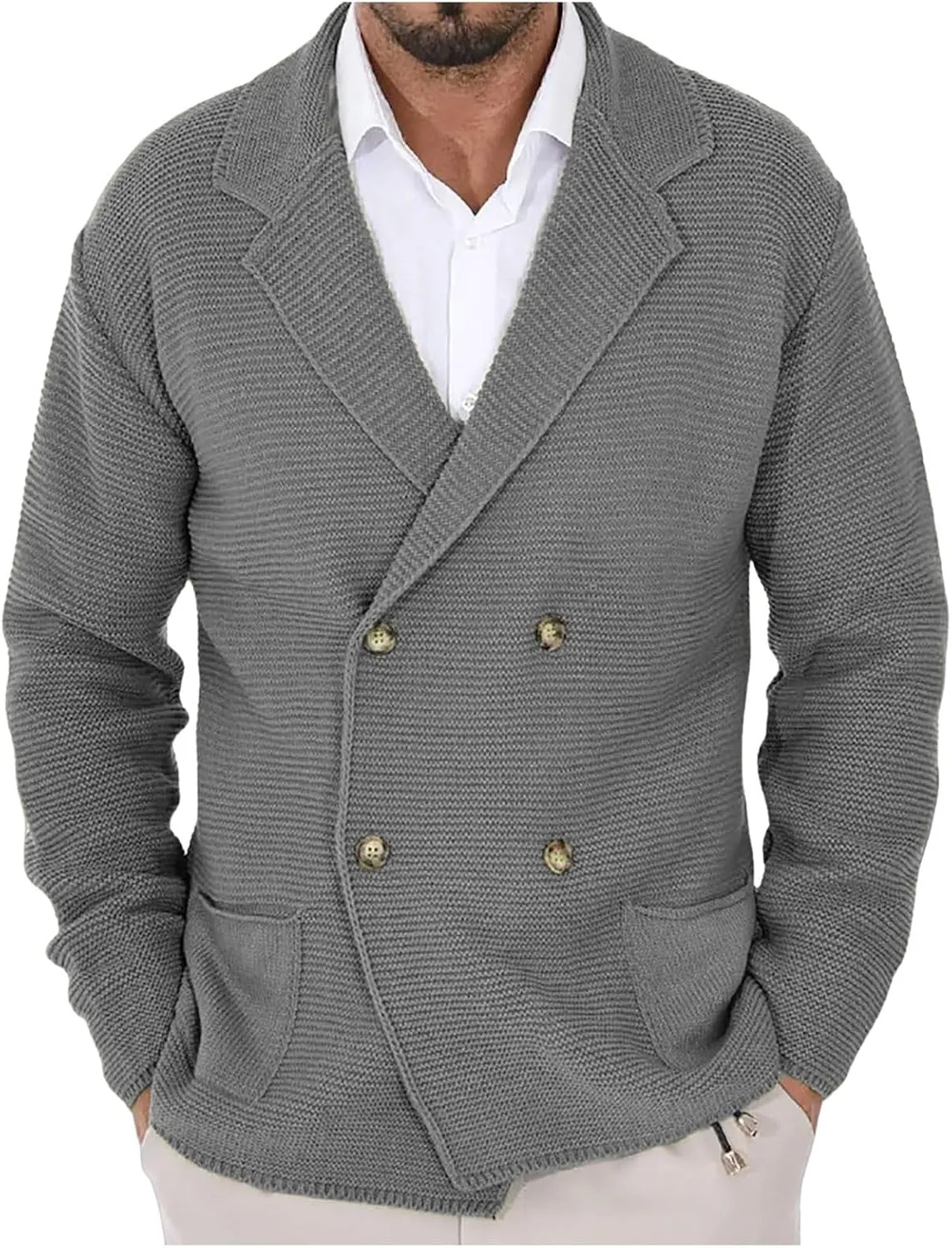 Men's Double Breast Cardigan Sweater Button Down Lightweight Long Sleeve Casual Knit Cardigans Outwear with Pockets