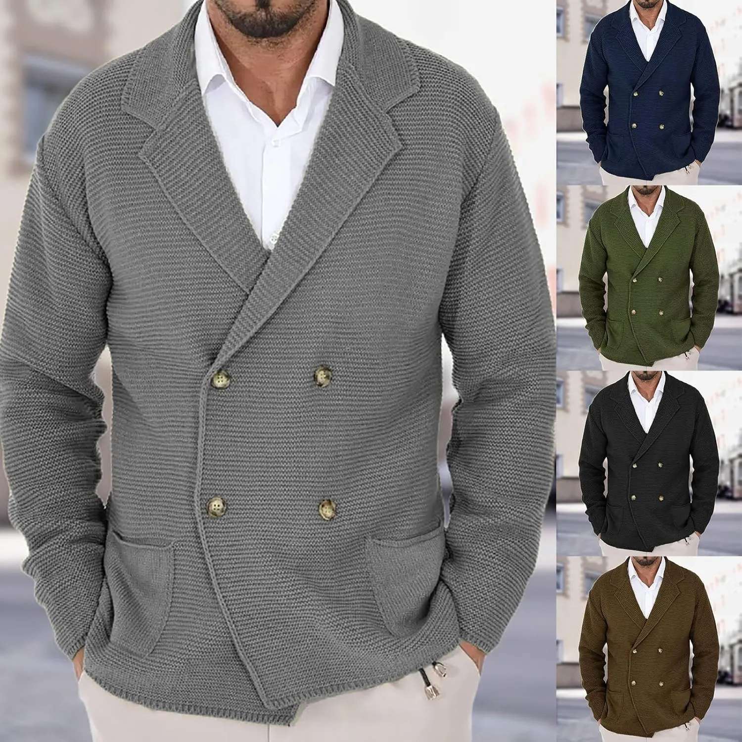 Men's Double Breast Cardigan Sweater Button Down Lightweight Long Sleeve Casual Knit Cardigans Outwear with Pockets
