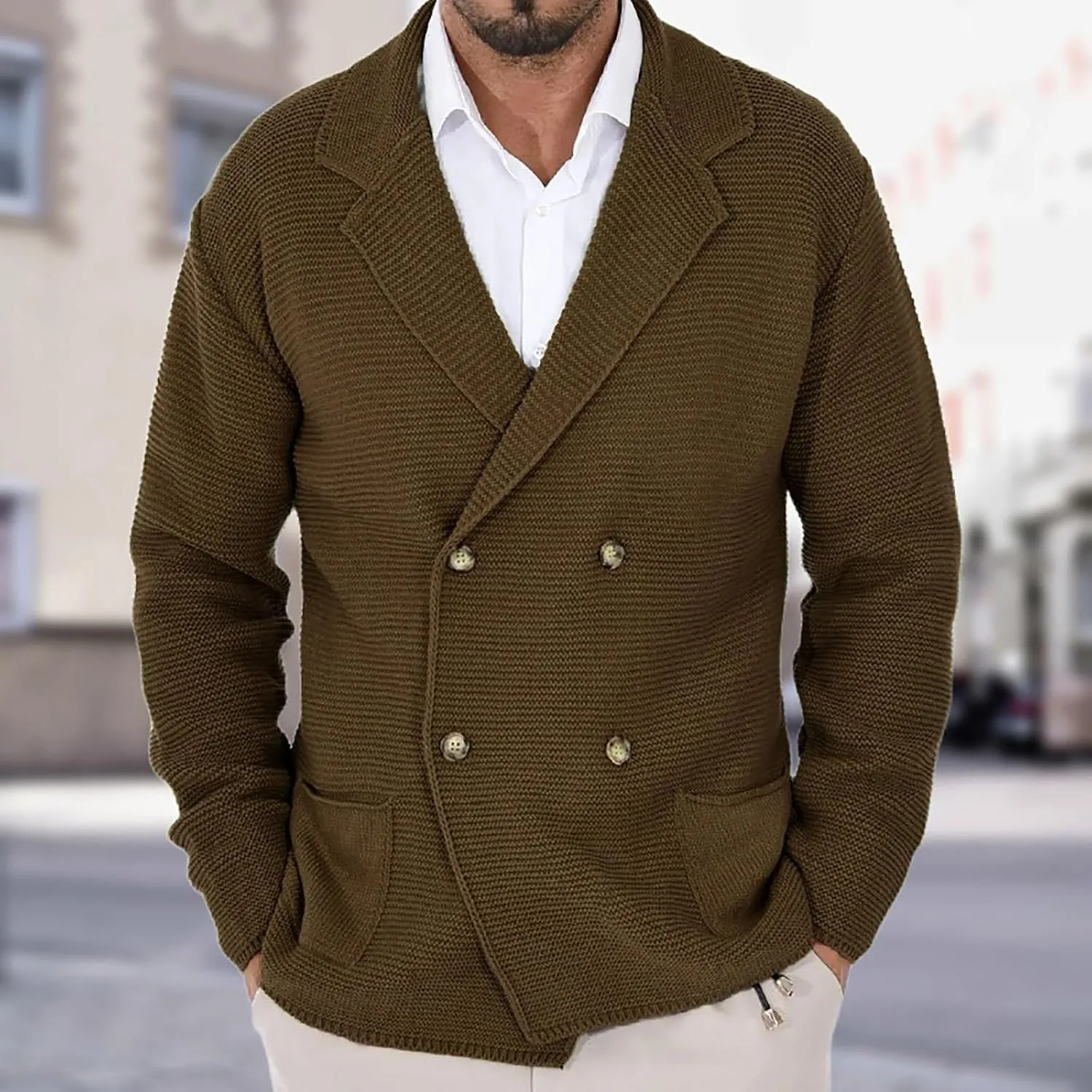 Men's Double Breast Cardigan Sweater Button Down Lightweight Long Sleeve Casual Knit Cardigans Outwear with Pockets