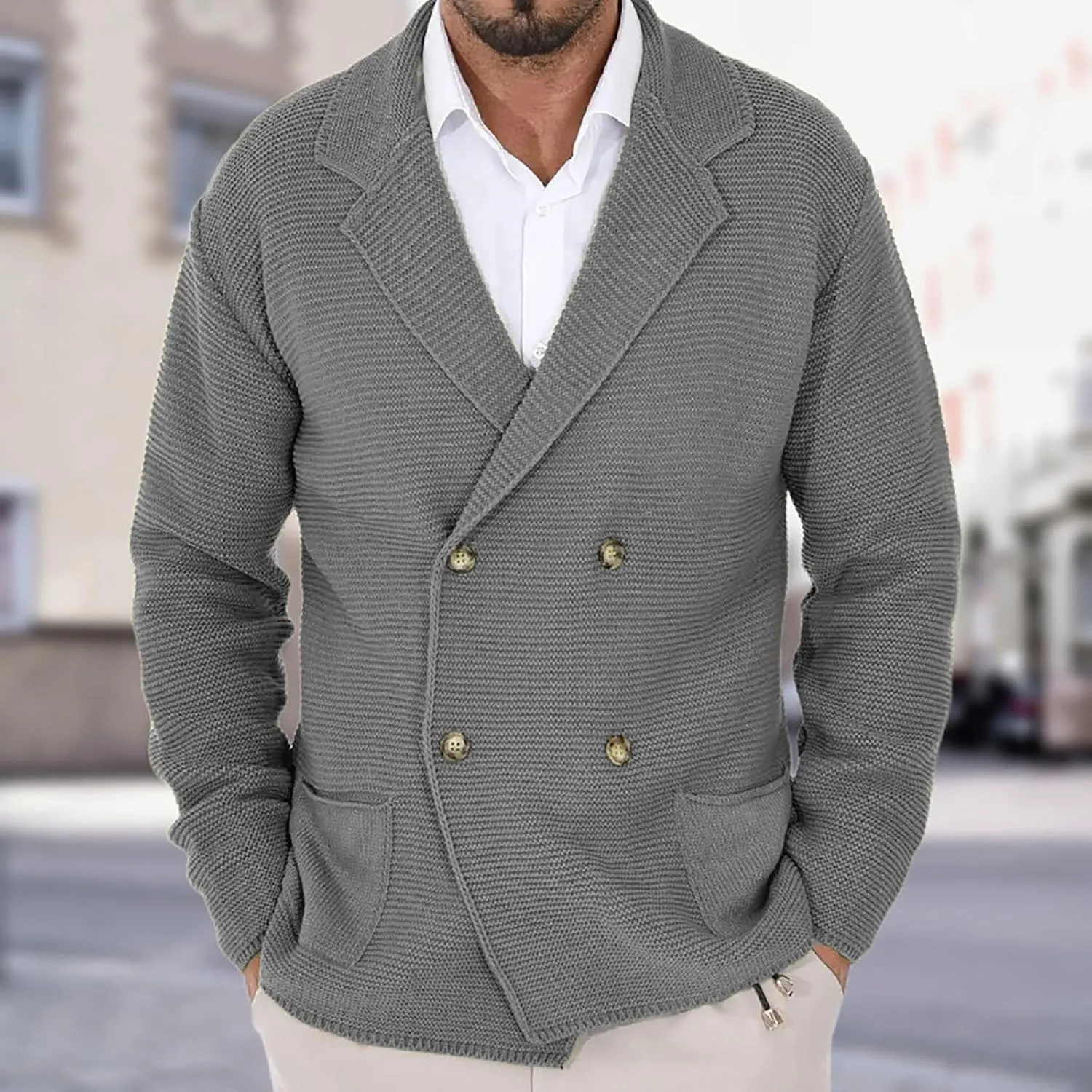 Men's Double Breast Cardigan Sweater Button Down Lightweight Long Sleeve Casual Knit Cardigans Outwear with Pockets