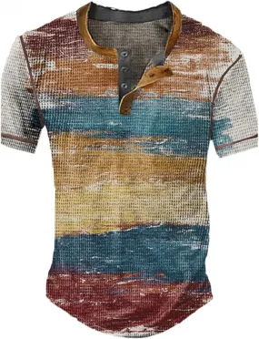 Mens Fashion Printing Henley Shirts Casual Button Crewneck Tops Regular Fit Short Sleeve Pullover Shirts for Men
