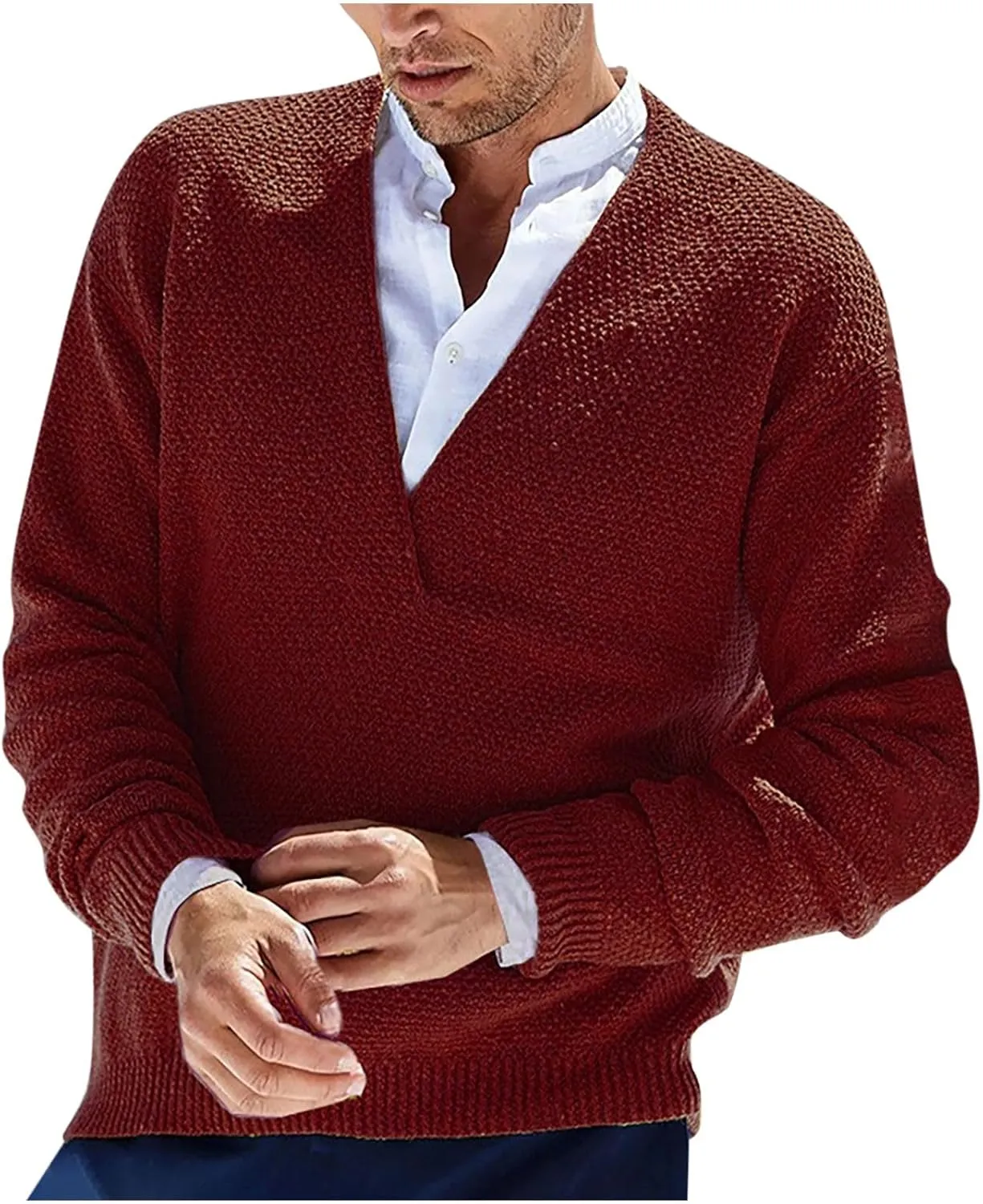Men's Fashion V-Neck Warm Outdoor Long Sleeve Knitted Sweater Top Lightweight Pullover Knitted Fall Winter Sweaters