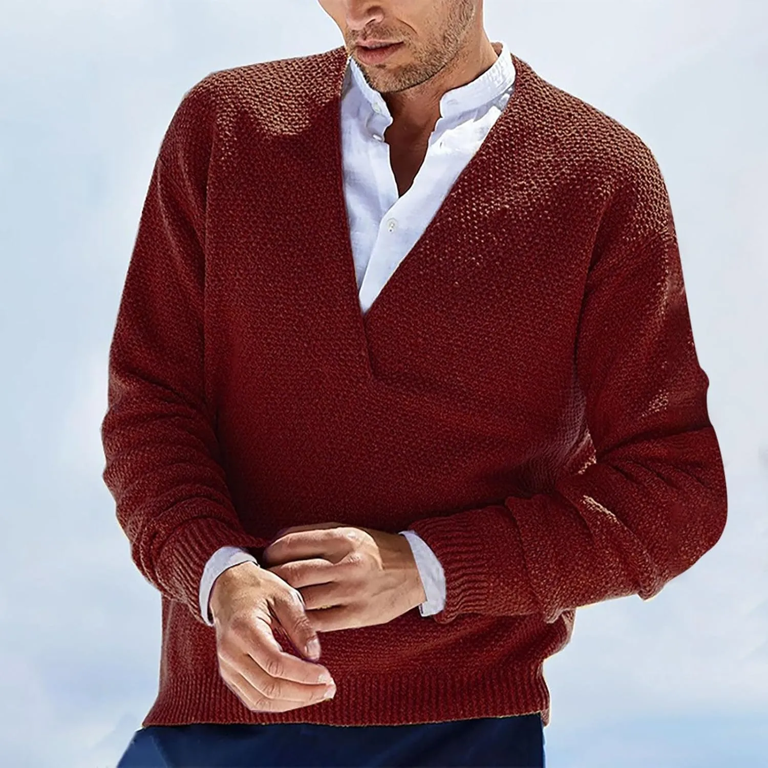 Men's Fashion V-Neck Warm Outdoor Long Sleeve Knitted Sweater Top Lightweight Pullover Knitted Fall Winter Sweaters