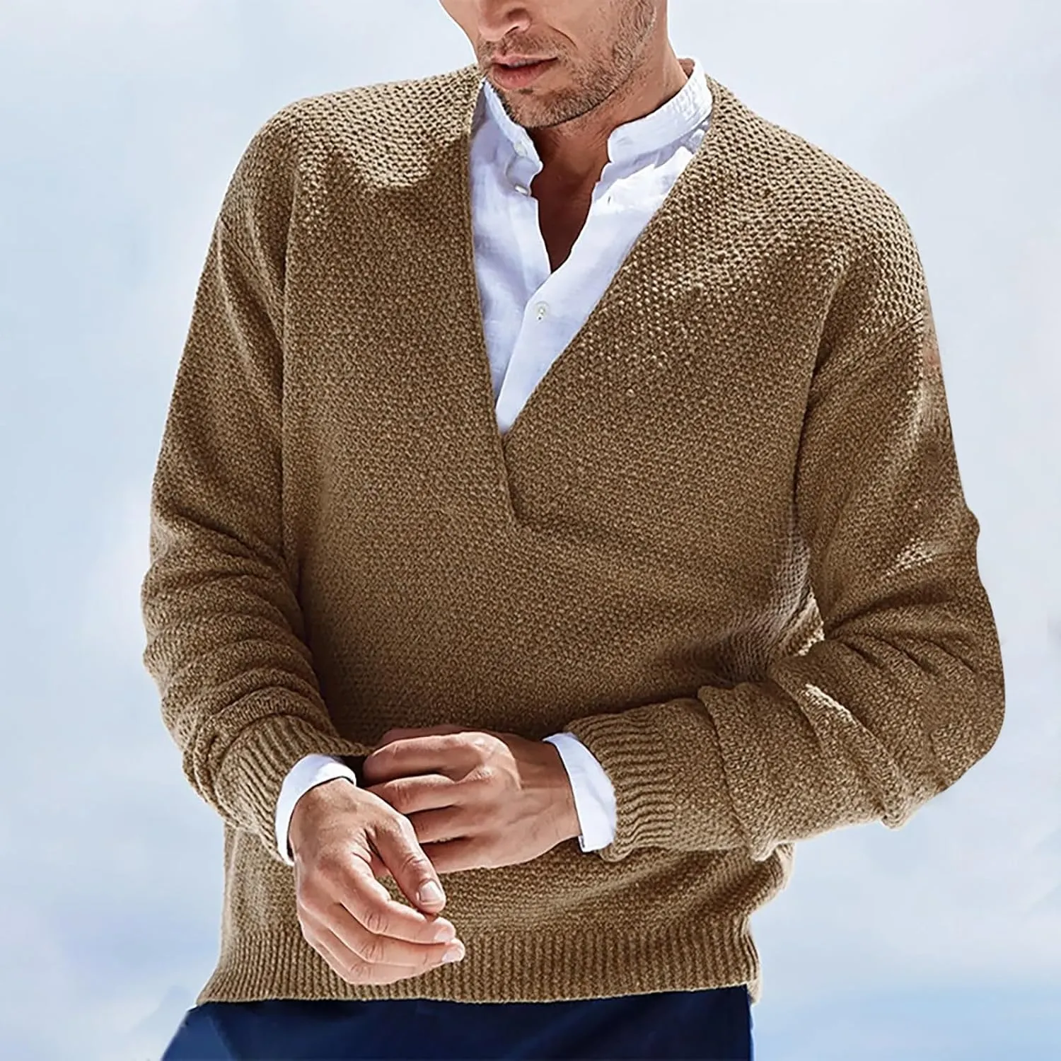 Men's Fashion V-Neck Warm Outdoor Long Sleeve Knitted Sweater Top Lightweight Pullover Knitted Fall Winter Sweaters
