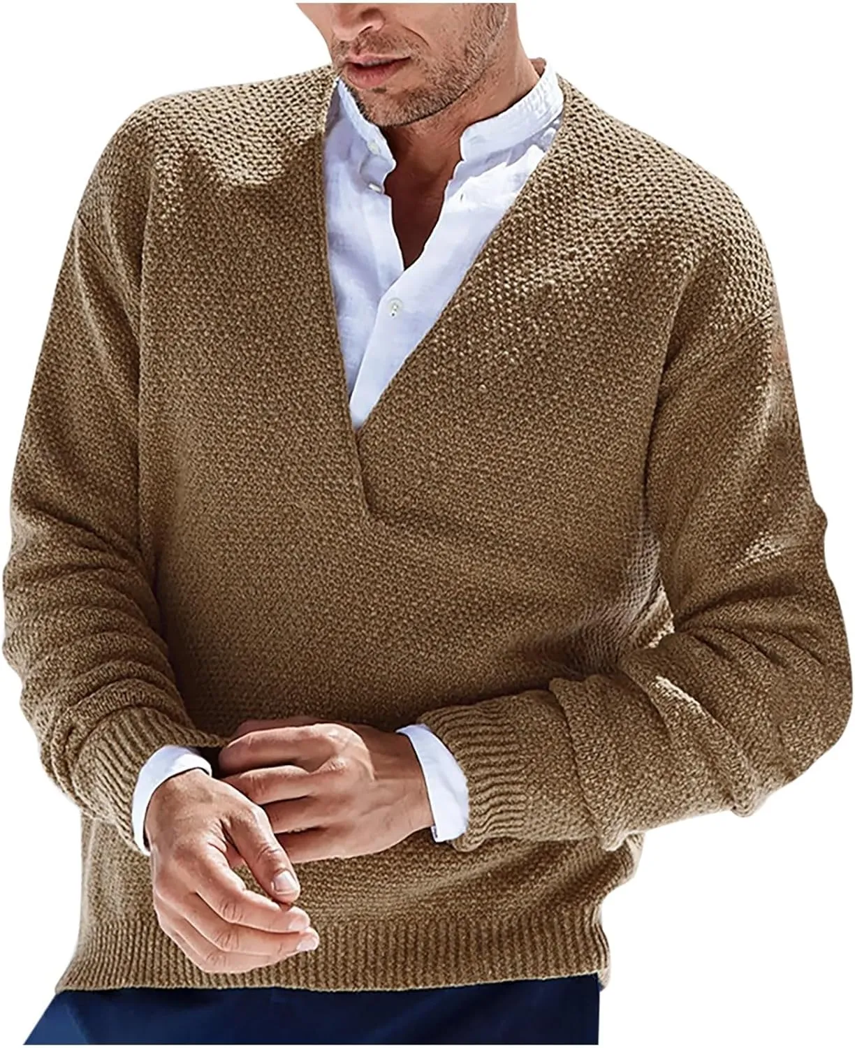 Men's Fashion V-Neck Warm Outdoor Long Sleeve Knitted Sweater Top Lightweight Pullover Knitted Fall Winter Sweaters