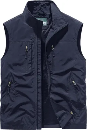 Men's Full Zip Sleeveless Quick Dry Jacket Casual Outdoor Vest Outerwear Multi Pockets Fishing Vests for Sport Golf
