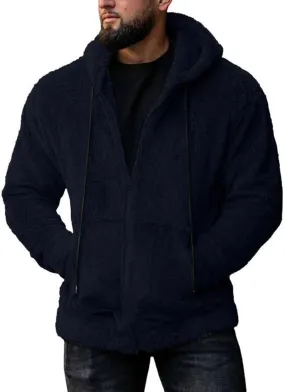 Mens Fuzzy Sherpa Hoodie Full Zip Up Drawstring Fleece Sweatshirts Cozy Thick Warm Big and Tall Winter Outerwear