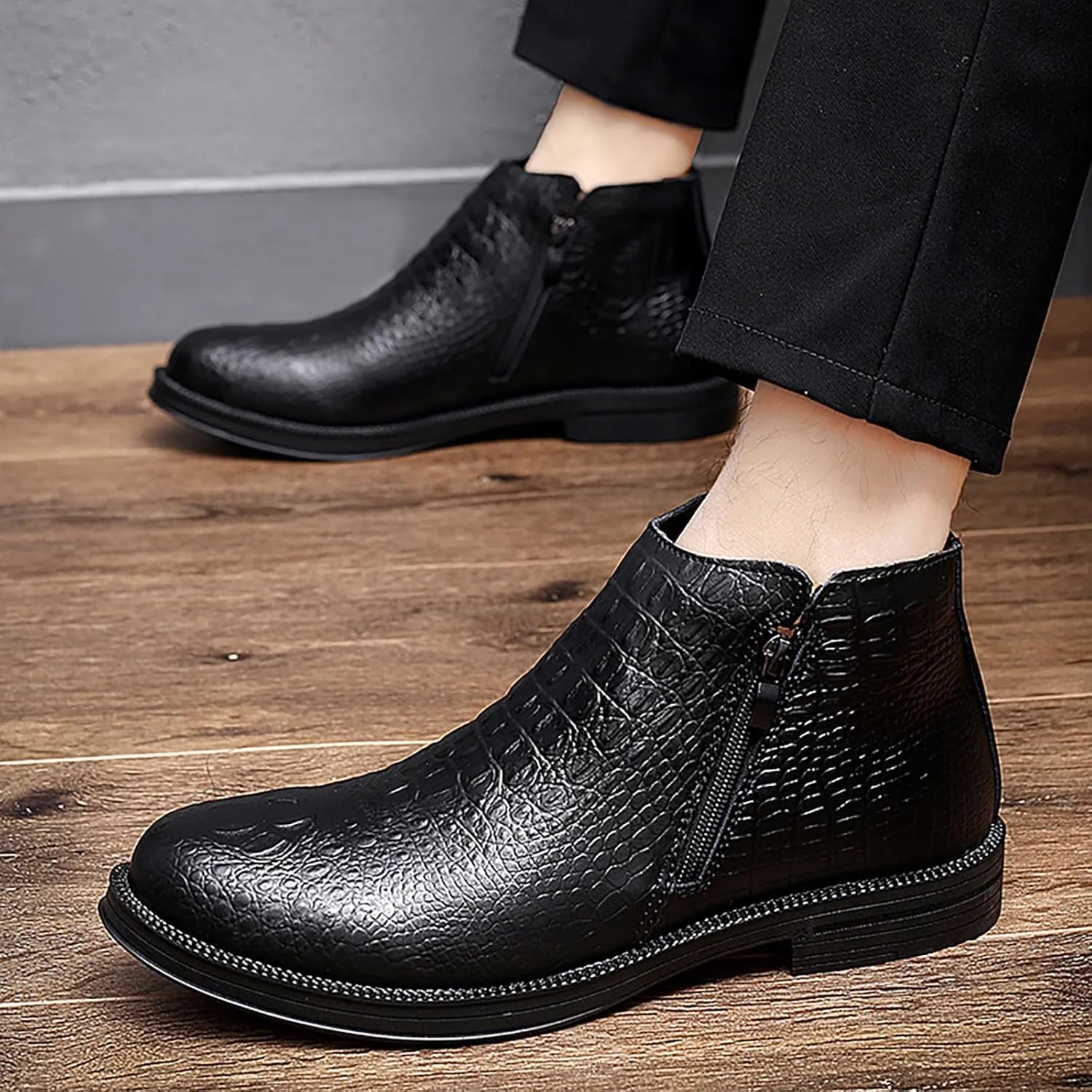 Men's Genuine Leather Alligator Printed Low Heel Ankle Boots Fashion Round Toe Side Zipper Business Dress Booties for Office Work
