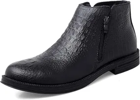 Men's Genuine Leather Alligator Printed Low Heel Ankle Boots Fashion Round Toe Side Zipper Business Dress Booties for Office Work
