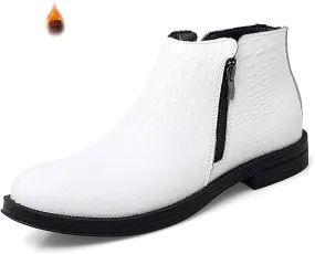 Men's Genuine Leather Alligator Printed Low Heel Ankle Boots Fashion Round Toe Side Zipper Business Dress Booties for Office Work