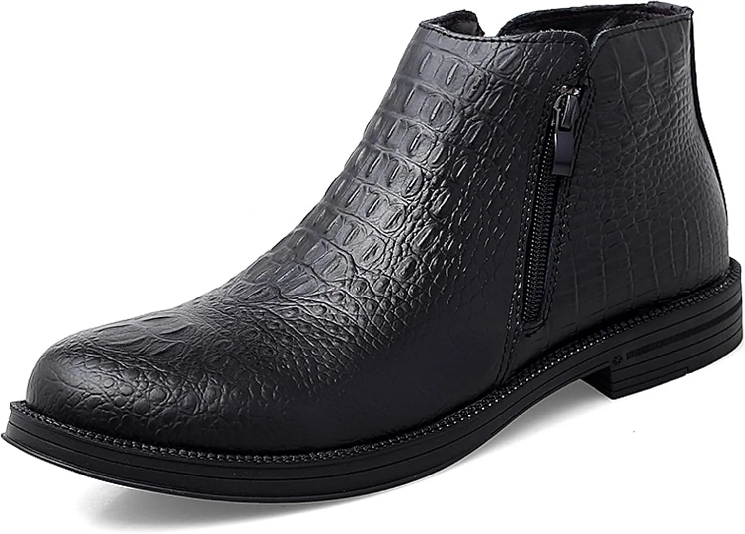 Men's Genuine Leather Alligator Printed Low Heel Ankle Boots Fashion Round Toe Side Zipper Business Dress Booties for Office Work