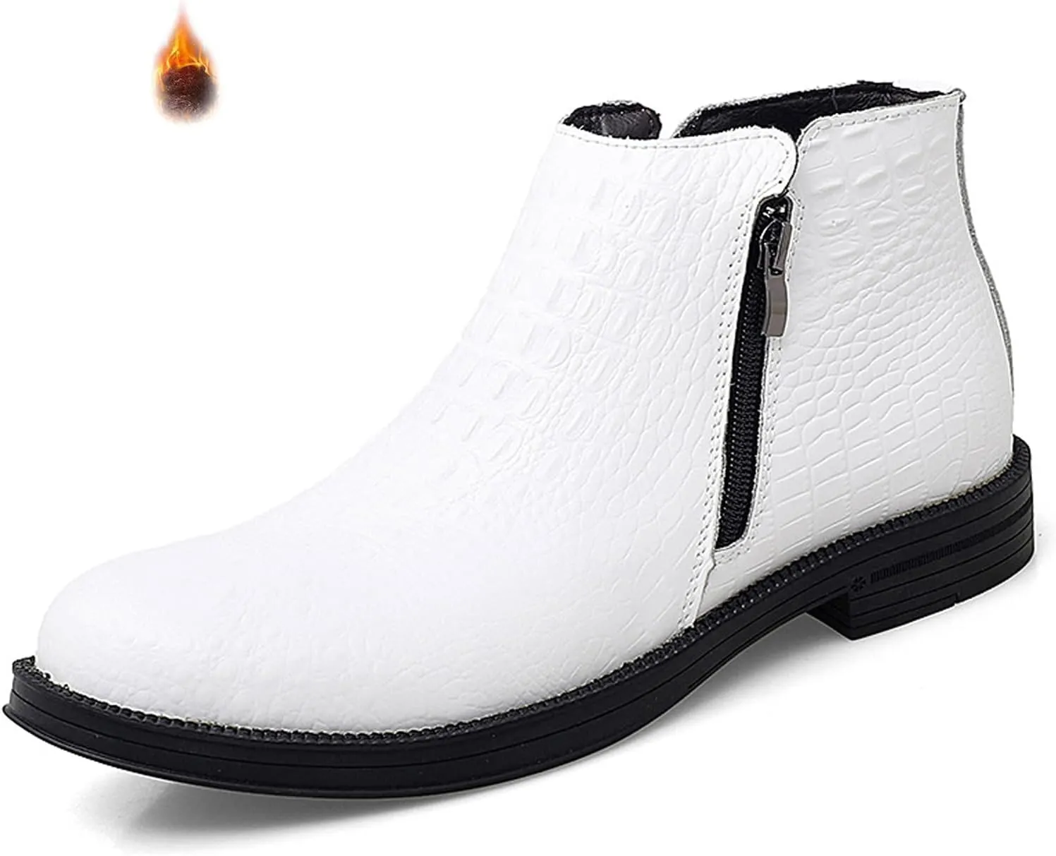 Men's Genuine Leather Alligator Printed Low Heel Ankle Boots Fashion Round Toe Side Zipper Business Dress Booties for Office Work