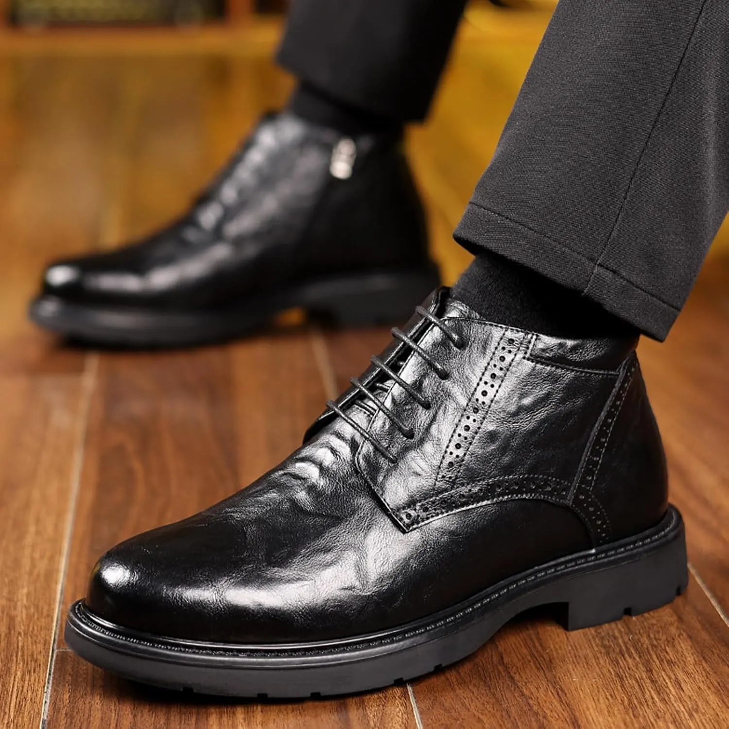 Men'S Genuine Leather Lace-Up Platform Oxford Ankle Boot Fashion Round Toe High Top Side Zipper Softsole Chukka Boots For Driving Business Dress Boots