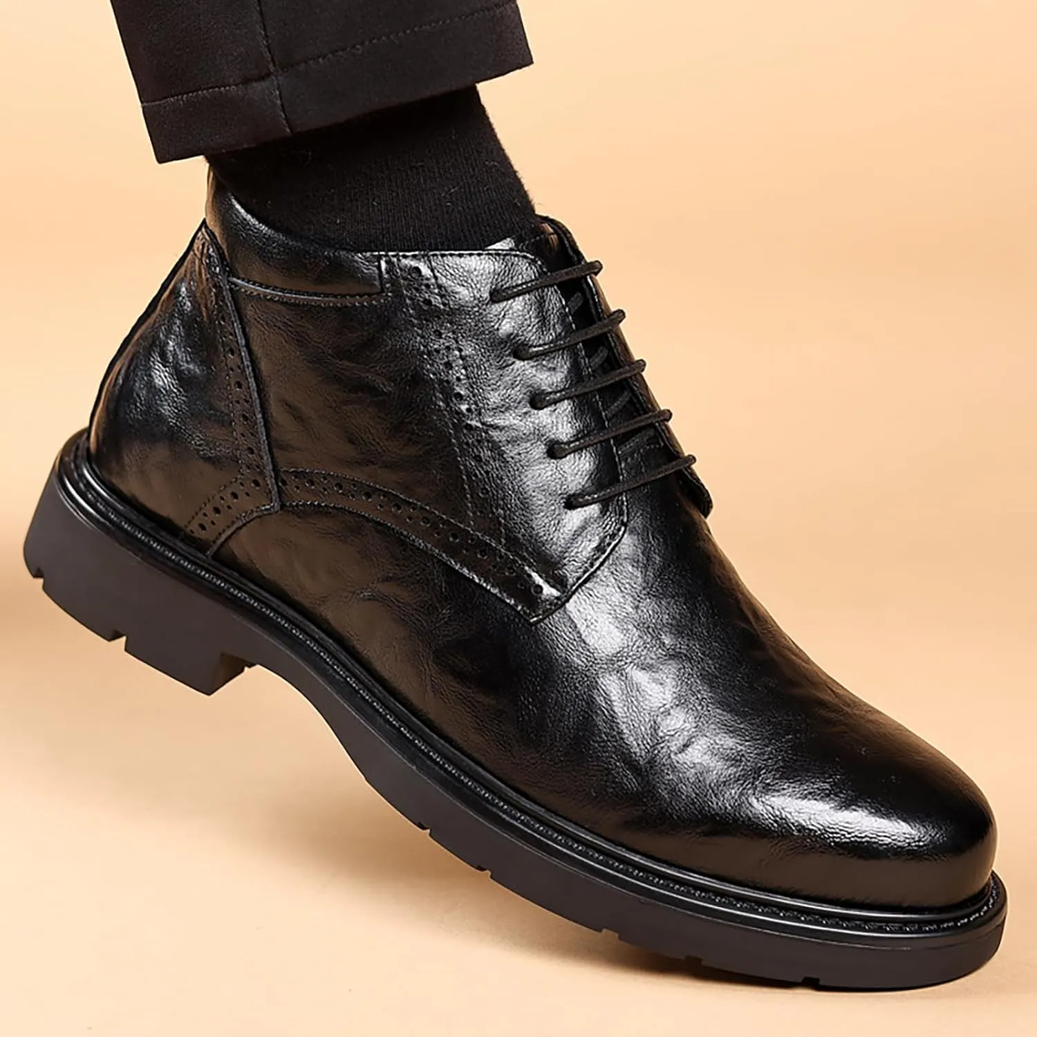 Men'S Genuine Leather Lace-Up Platform Oxford Ankle Boot Fashion Round Toe High Top Side Zipper Softsole Chukka Boots For Driving Business Dress Boots