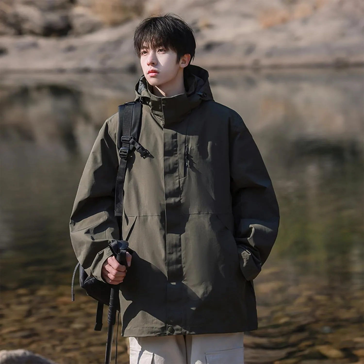 Men's Hooded Jacket Zipper Lightweight Waterproof Outdoor Raincoat Jacket for Hiking Travel Rain Jacket with Pockets