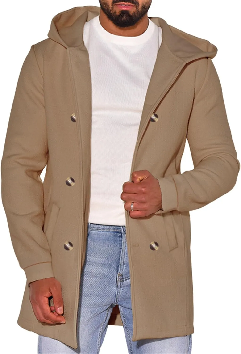Men's Hooded Pea Coats Casual Classic Double Breasted Wool Coat Mid Lenth Business Trench Warm Coats