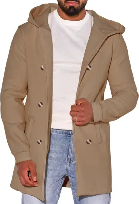 Men's Hooded Pea Coats Casual Classic Double Breasted Wool Coat Mid Lenth Business Trench Warm Coats