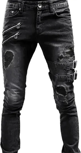 Mens Jeans Bootcut Men's Black Stacked Jeans Ripped Jeans Regular Fit Patch Distressed Destroyed Denim Streetwear Pant
