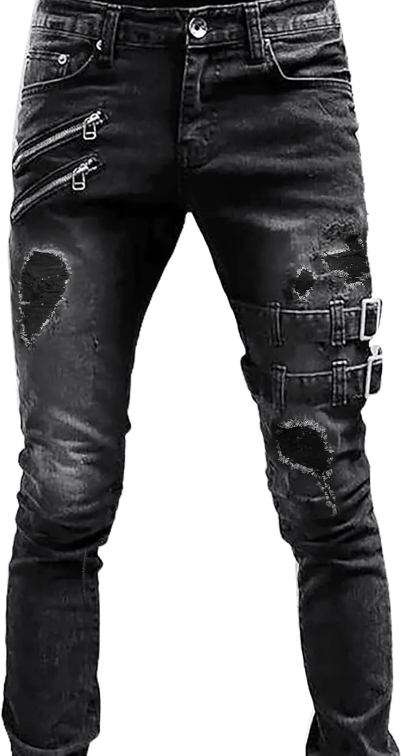 Mens Jeans Bootcut Men's Black Stacked Jeans Ripped Jeans Regular Fit Patch Distressed Destroyed Denim Streetwear Pant