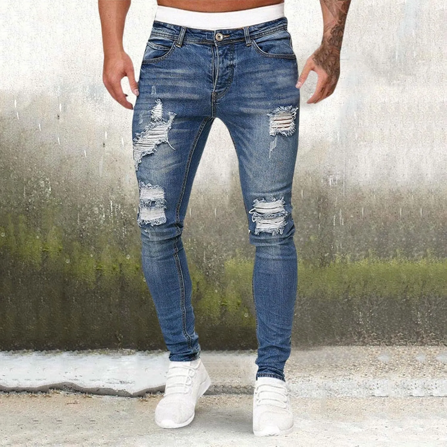 Mens Jeans Bootcut Men's Black Stacked Jeans Ripped Jeans Regular Fit Patch Distressed Destroyed Denim Streetwear Pant