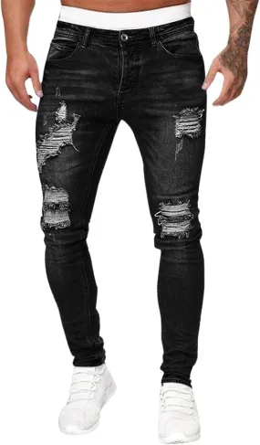 Mens Jeans Bootcut Men's Black Stacked Jeans Ripped Jeans Regular Fit Patch Distressed Destroyed Denim Streetwear Pant