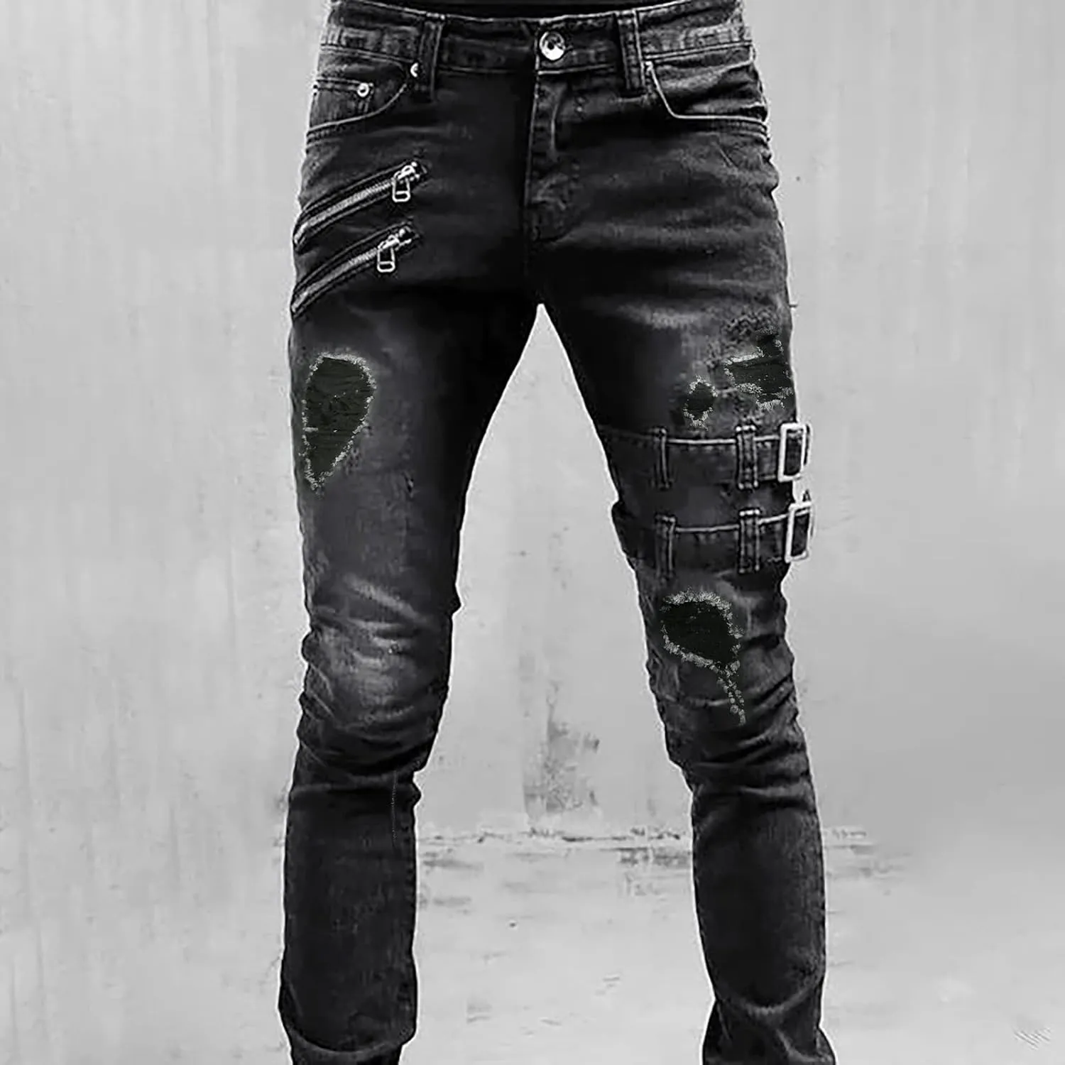 Mens Jeans Bootcut Men's Black Stacked Jeans Ripped Jeans Regular Fit Patch Distressed Destroyed Denim Streetwear Pant
