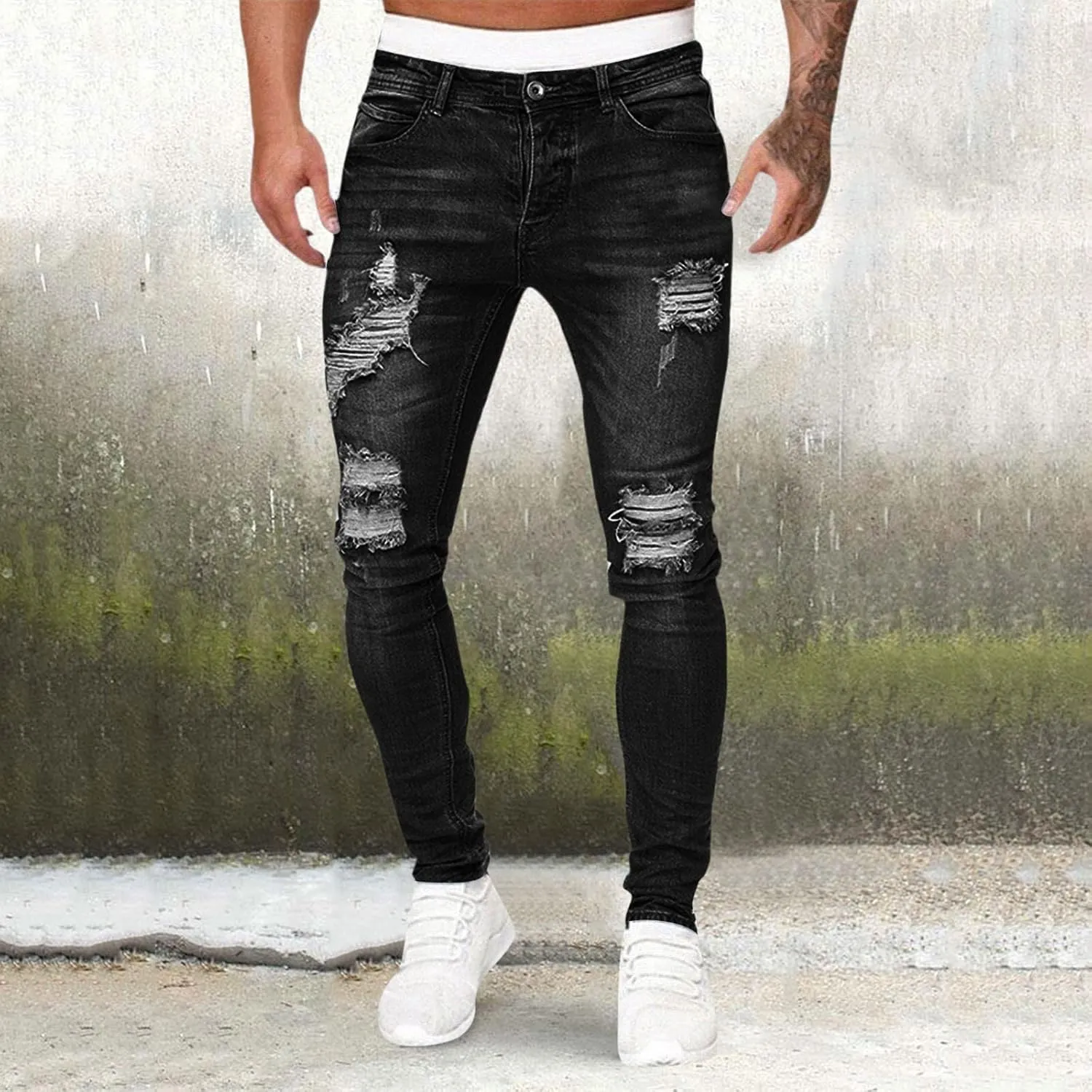 Mens Jeans Bootcut Men's Black Stacked Jeans Ripped Jeans Regular Fit Patch Distressed Destroyed Denim Streetwear Pant