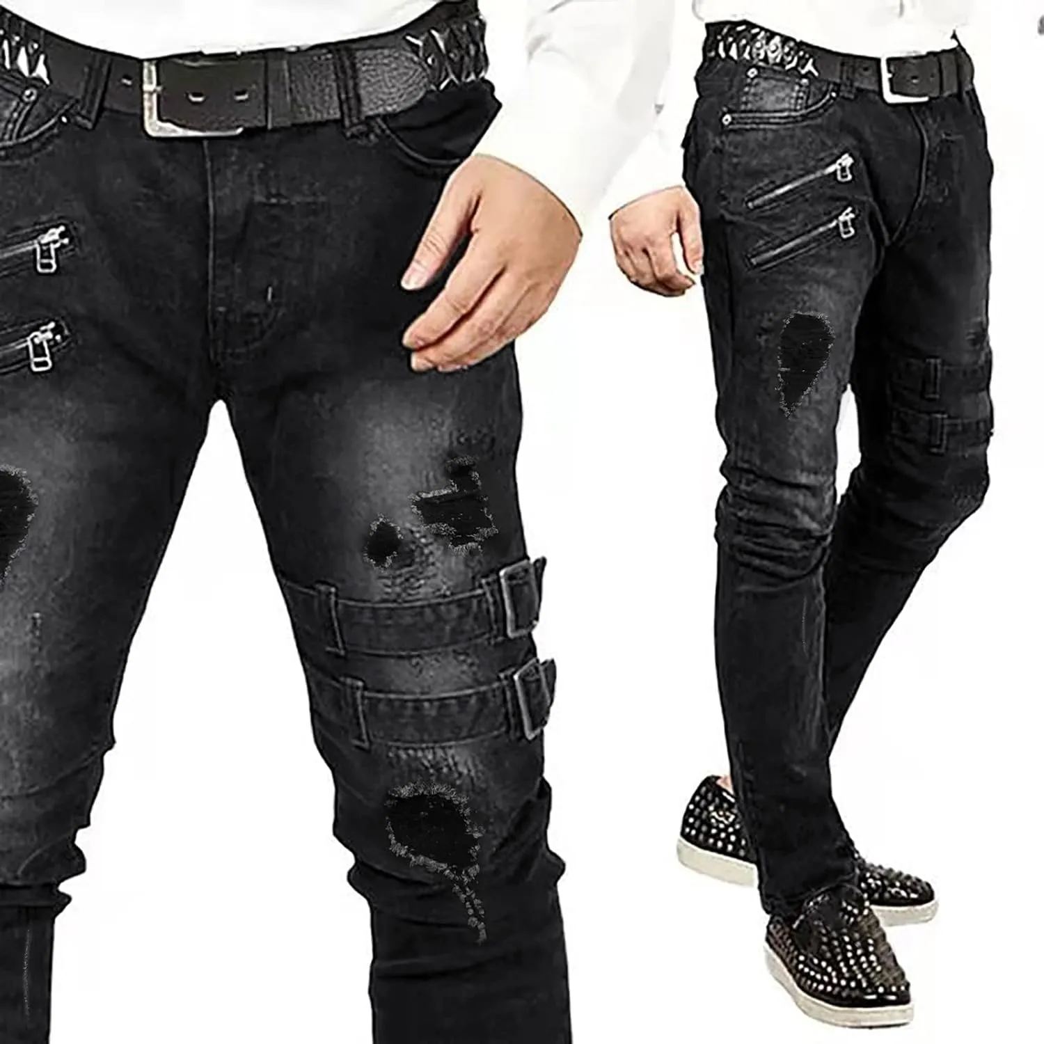 Mens Jeans Bootcut Men's Black Stacked Jeans Ripped Jeans Regular Fit Patch Distressed Destroyed Denim Streetwear Pant