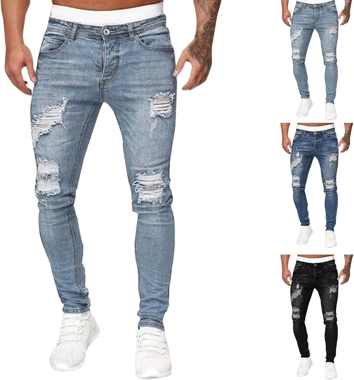 Mens Jeans Bootcut Men's Black Stacked Jeans Ripped Jeans Regular Fit Patch Distressed Destroyed Denim Streetwear Pant