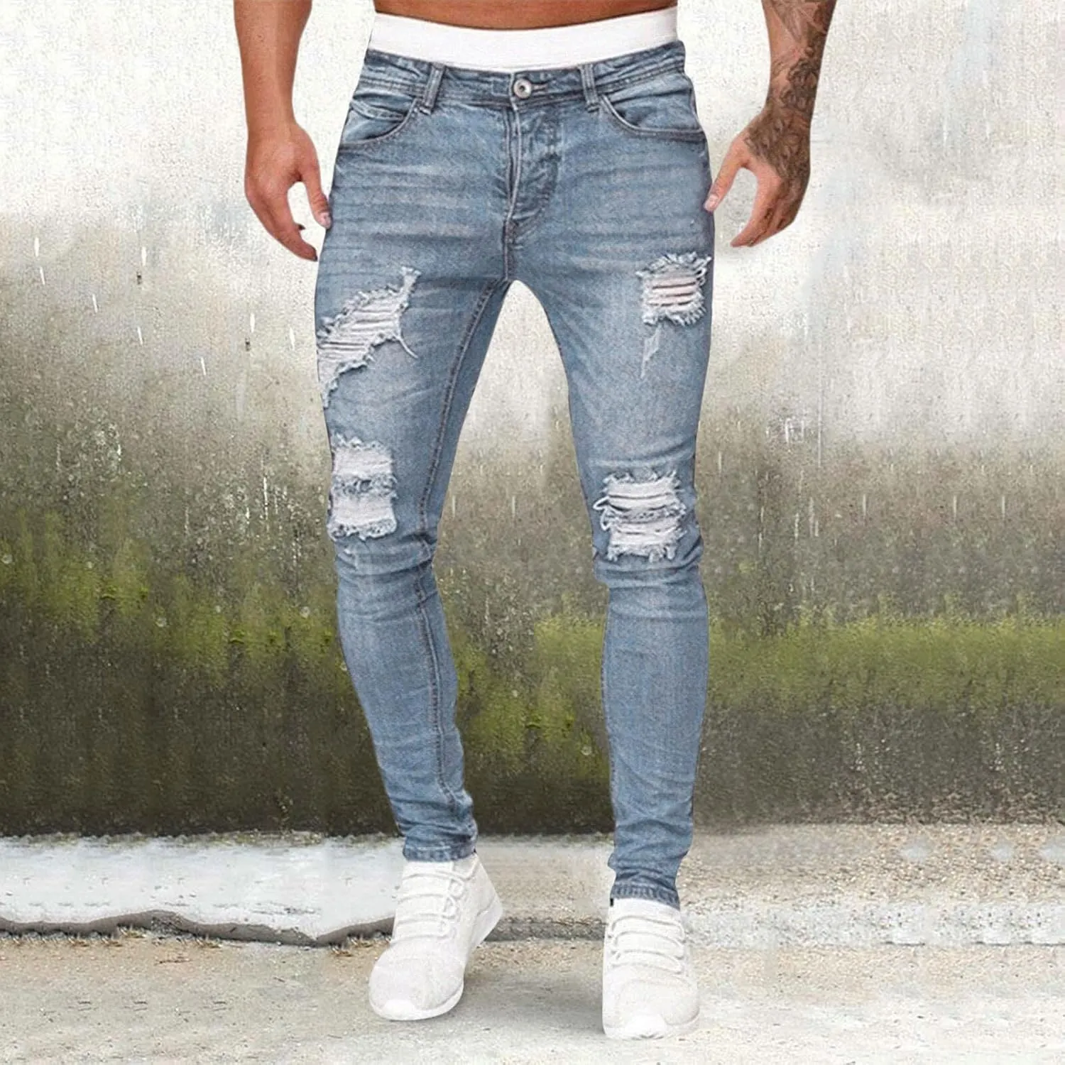 Mens Jeans Bootcut Men's Black Stacked Jeans Ripped Jeans Regular Fit Patch Distressed Destroyed Denim Streetwear Pant