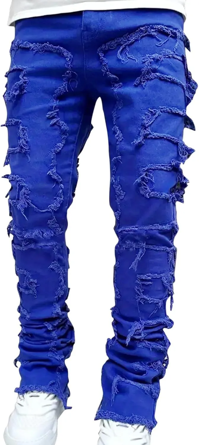 Mens Jeans Relaxed Fit Stretch Men's Black Stacked Jeans Ripped Jeans Regular Fit Patch Distressed Destroyed Denim