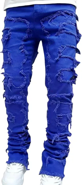 Mens Jeans Relaxed Fit Stretch Men's Black Stacked Jeans Ripped Jeans Regular Fit Patch Distressed Destroyed Denim
