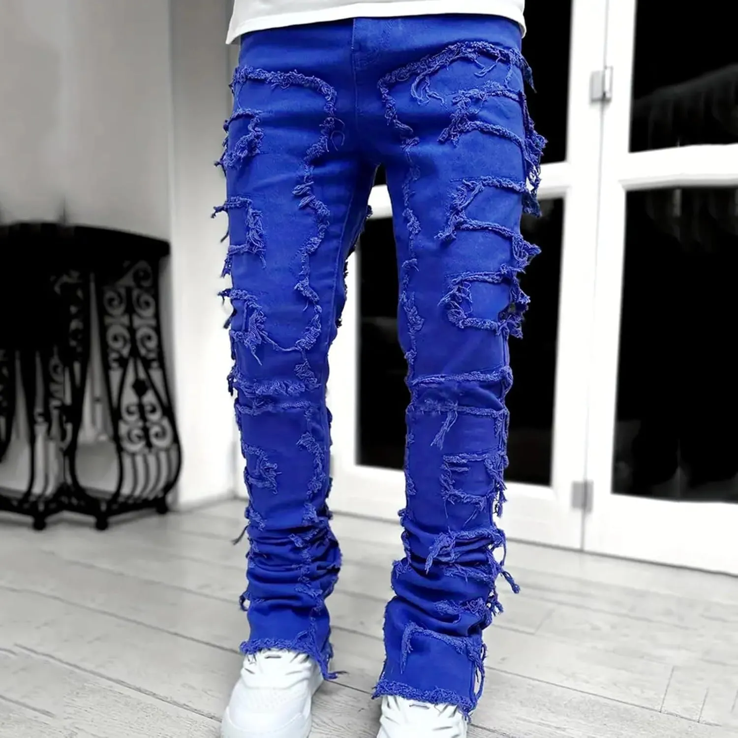 Mens Jeans Relaxed Fit Stretch Men's Black Stacked Jeans Ripped Jeans Regular Fit Patch Distressed Destroyed Denim