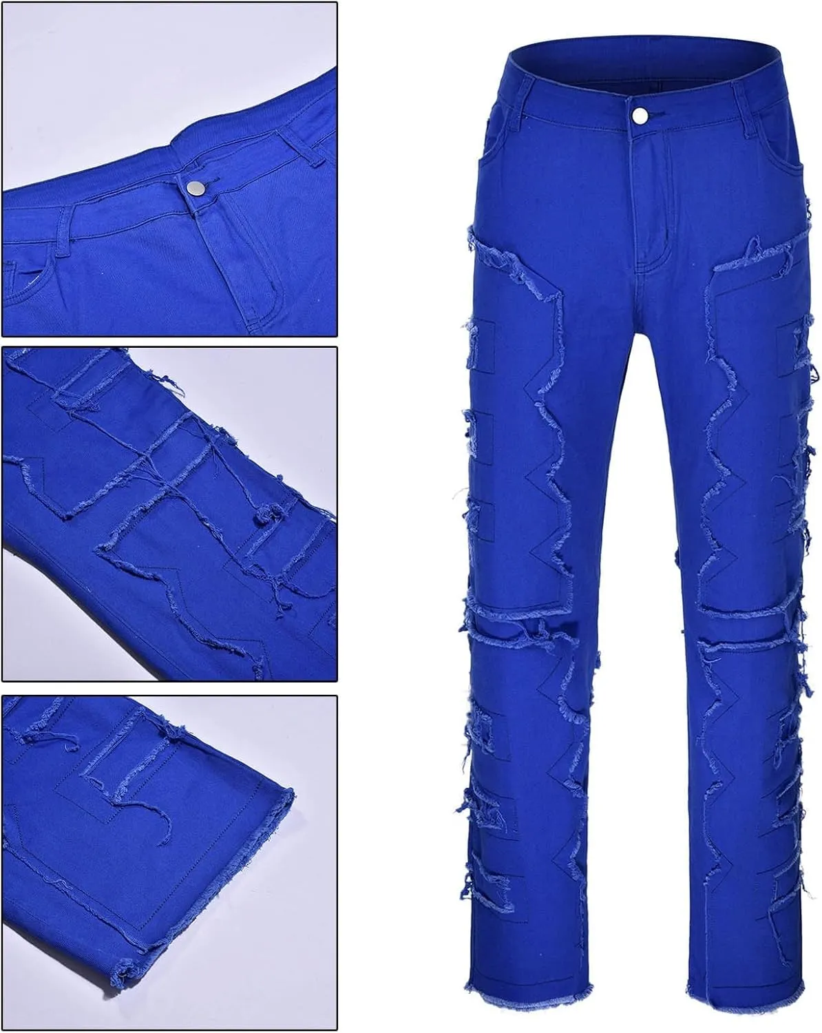 Mens Jeans Relaxed Fit Stretch Men's Black Stacked Jeans Ripped Jeans Regular Fit Patch Distressed Destroyed Denim